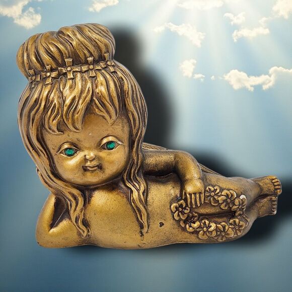 Vintage Gold Cherub Figurine w/ Green Rhinestone Eyes 8" x 6" Cottagecore Decor - Picture 1 of 10